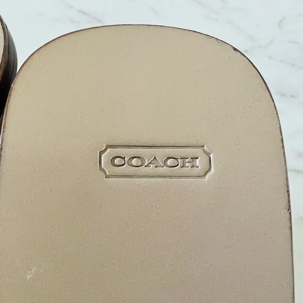 COACH Honey Brown Logo Canvas Red Leather Trim Wood Wedge Sandals - US 8